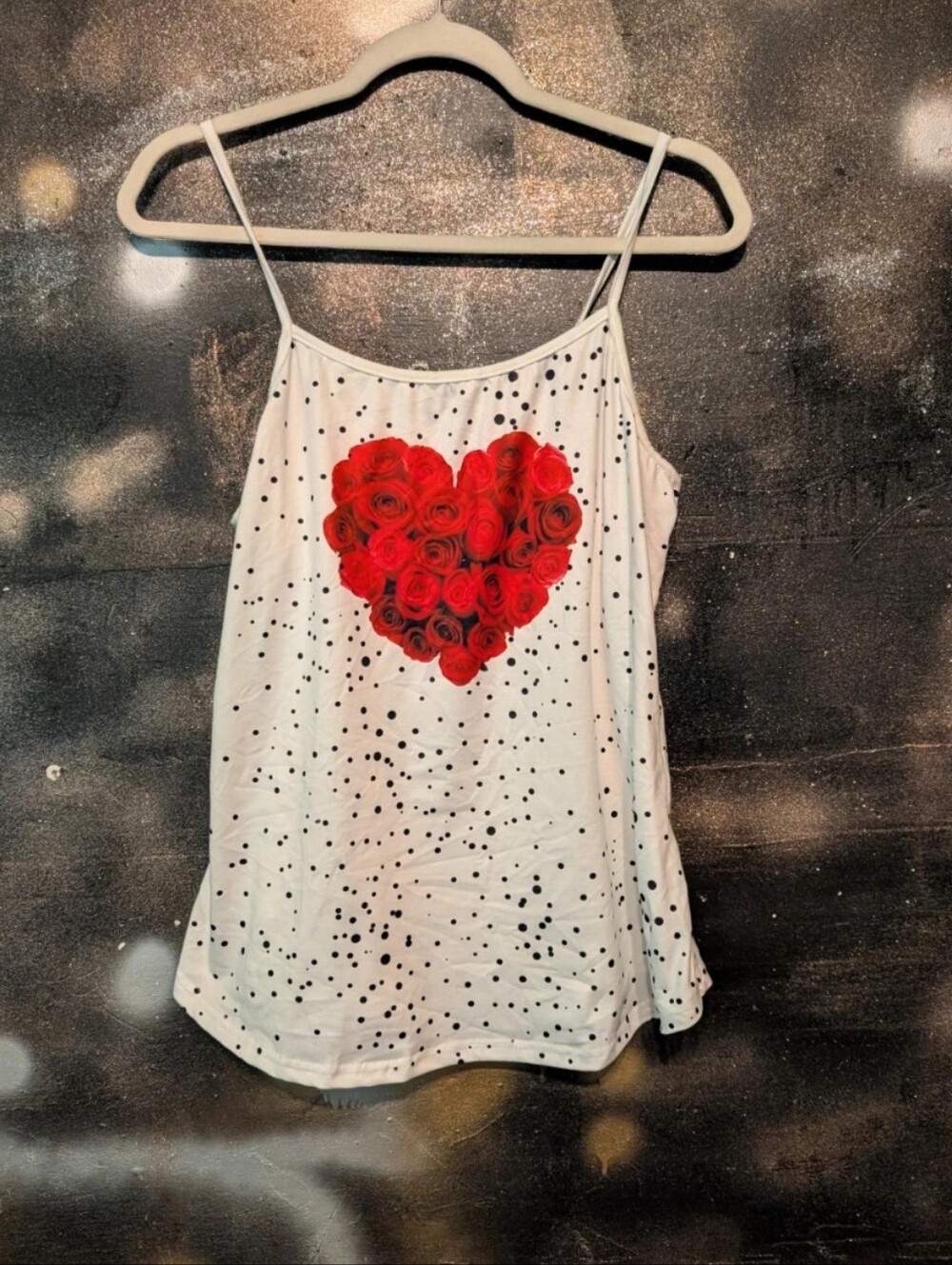 White Spaghetti-Strap Tank with Red Rose Heart